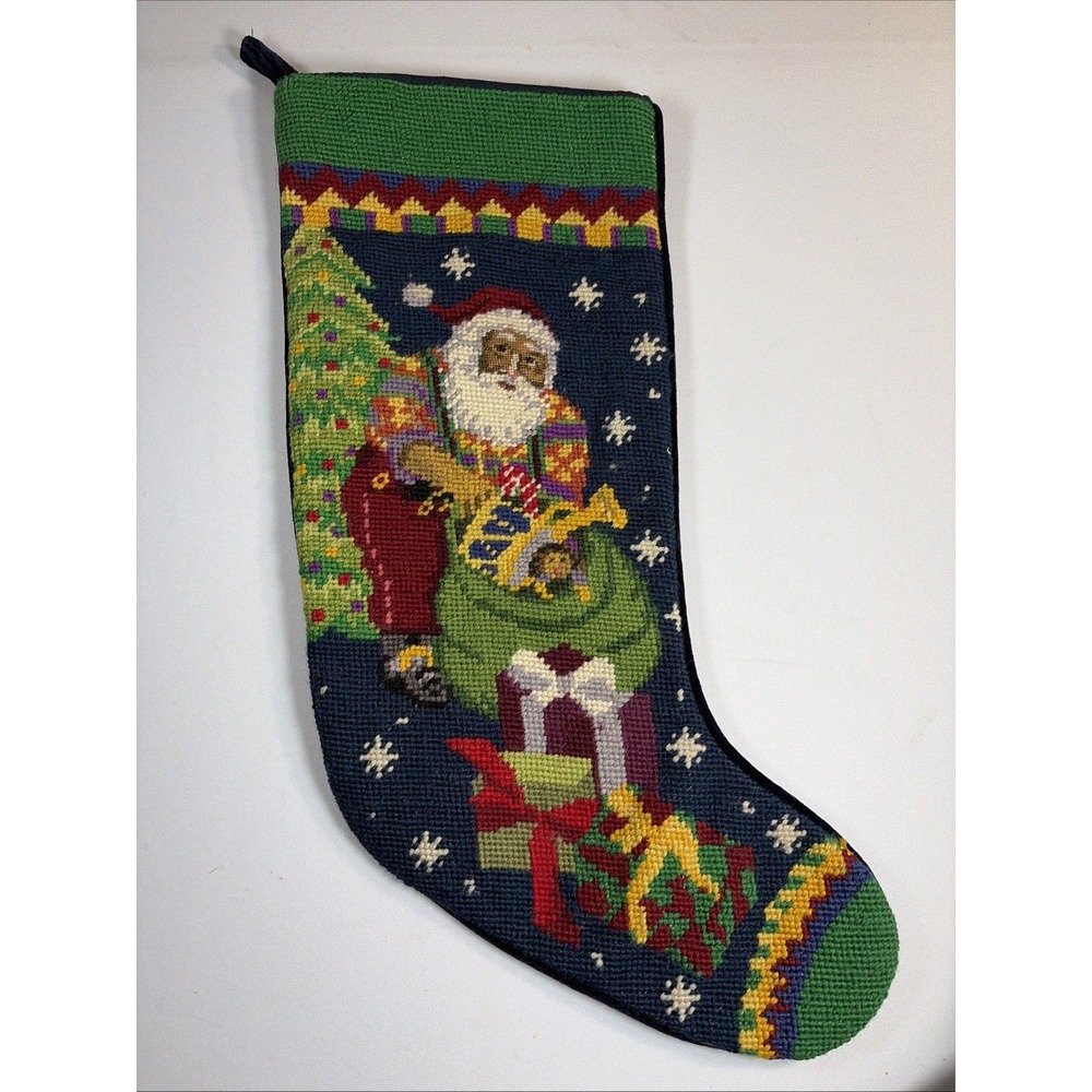 Santa Wool Needlepoint Christmas Stocking Toy Sack Blue Velvet 19"